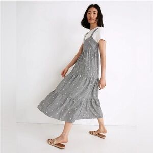 Madewell Gray Tiered Midi Dress with White Dot Print